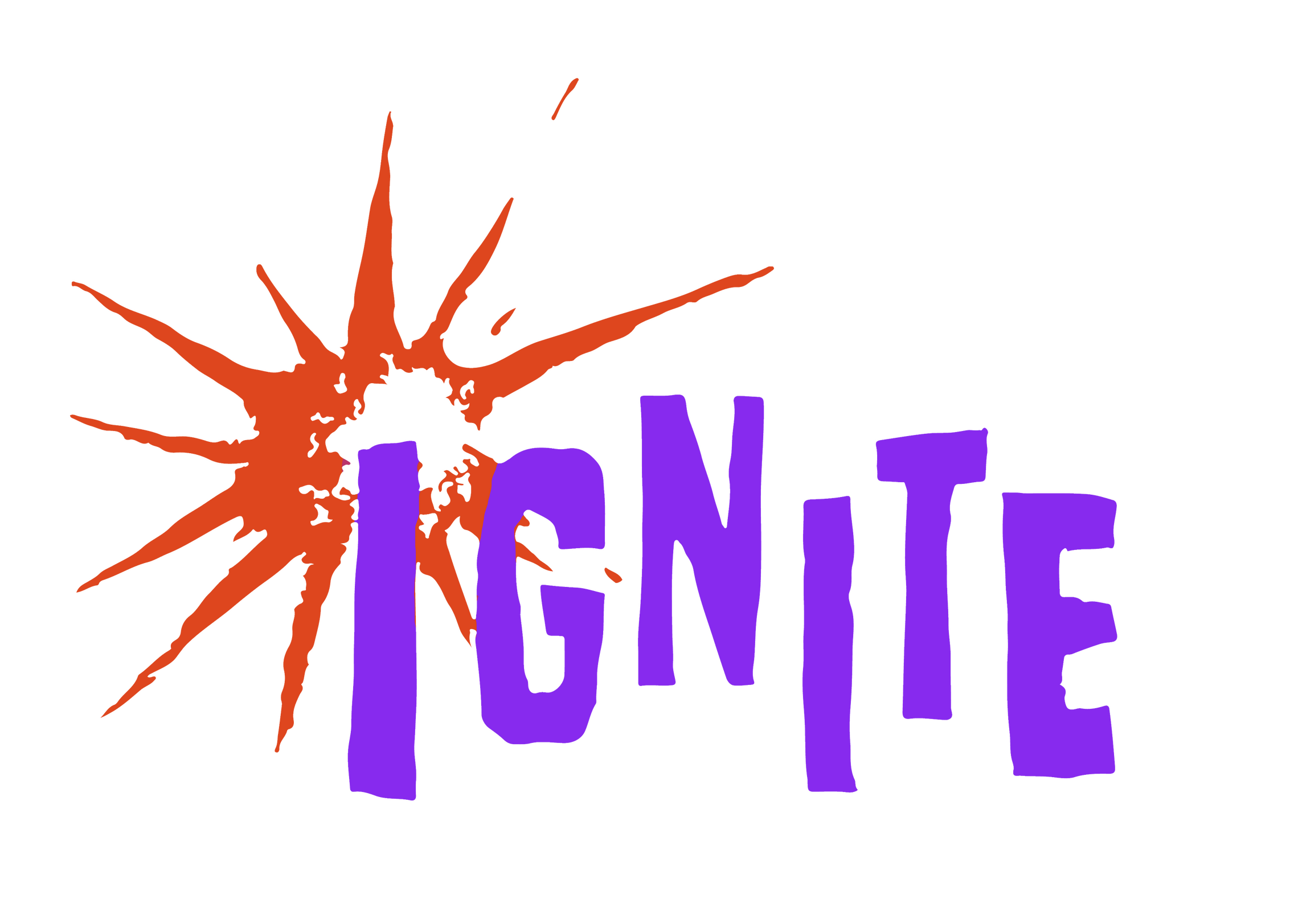 Ignite Logo Bright purple blocky text that reads Ignite, with a red spark shape behind the I.